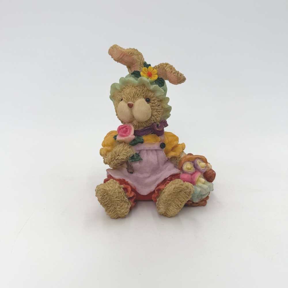 Vintage Resin Bunny Rabbit Figurine Easter Spring Decor Basket Mushrooms Rose